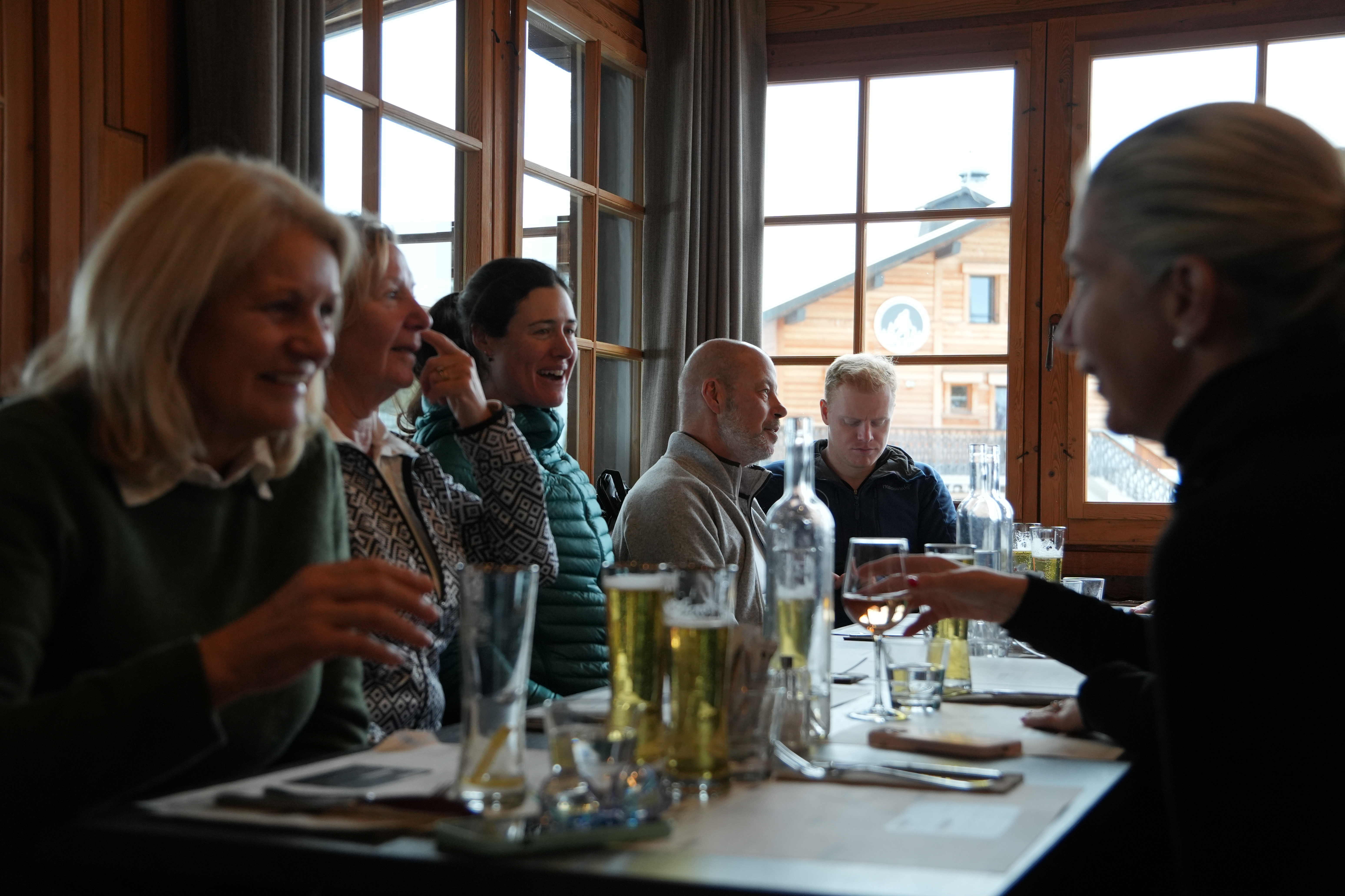 Camp group lunch at a mountain restaurant in the Portes du Soleil